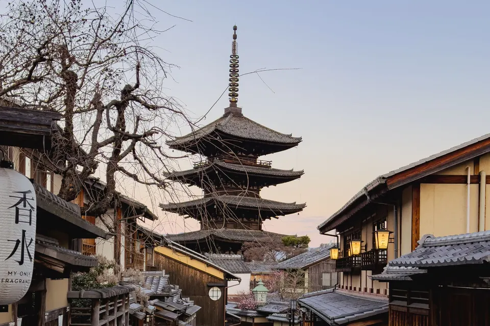 A quiet lane leading to the Yasaka Pagoda in Kyoto at sunrise
