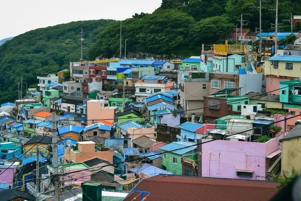 Brightly painted houses stacked up a green hillside at Gamcheon Culture Village in Busan