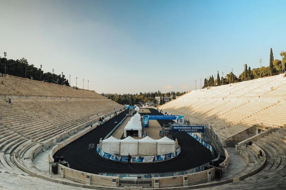 The Panathenaic Stadium in Athens, set up for the finish of the Athens Marathon