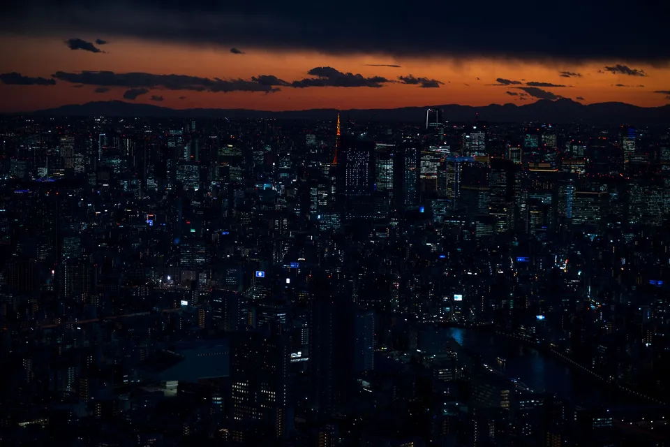 Tokyo at twilight, towers in silhouette and the sky still pink. This is the city, not one ticketed place