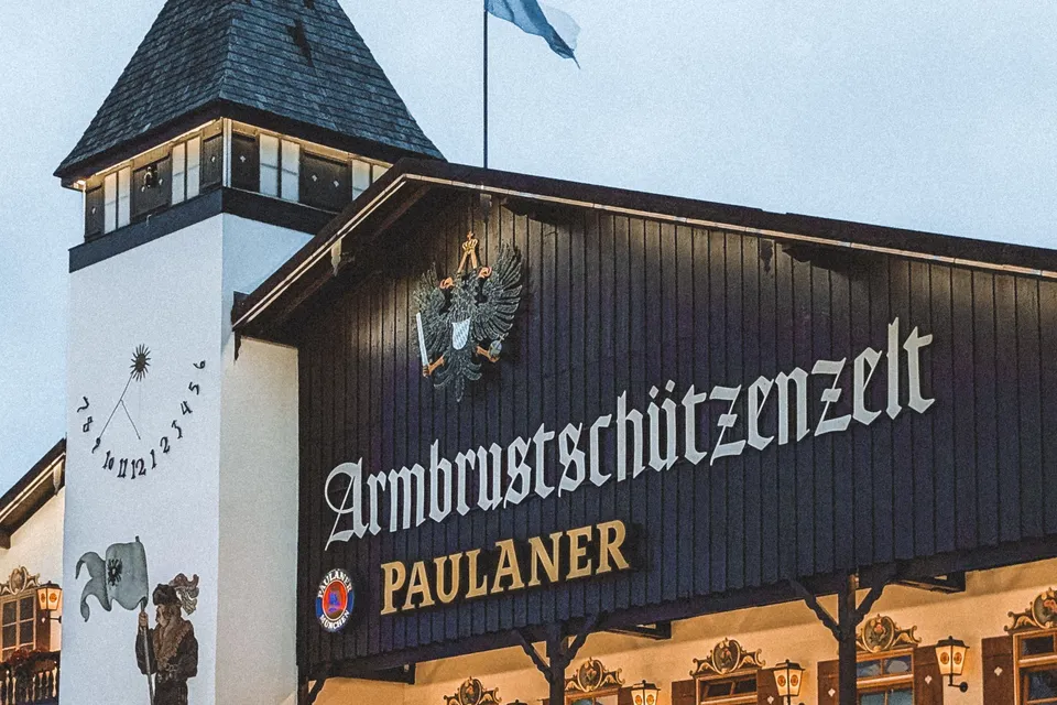 The front of the Armbrustschützenzelt, a Paulaner beer tent at the Oktoberfest in Munich