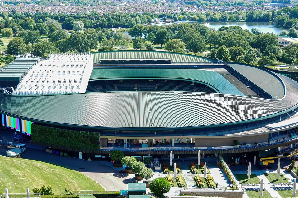 No. 1 Court and the grounds of the All England Club at Wimbledon, from the air